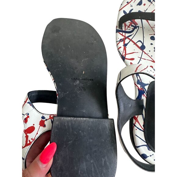 MARC JACOBS Paint Splatter White Blue Red Leather Sandals Size 7.5 / 37.5 - Picture 6 of 7